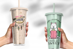 Plastic tumbler product mockup psd with WAKE UP quote